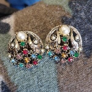 Art Deco Signed PA Elegant Multicolor Earrings with Faux Pearls